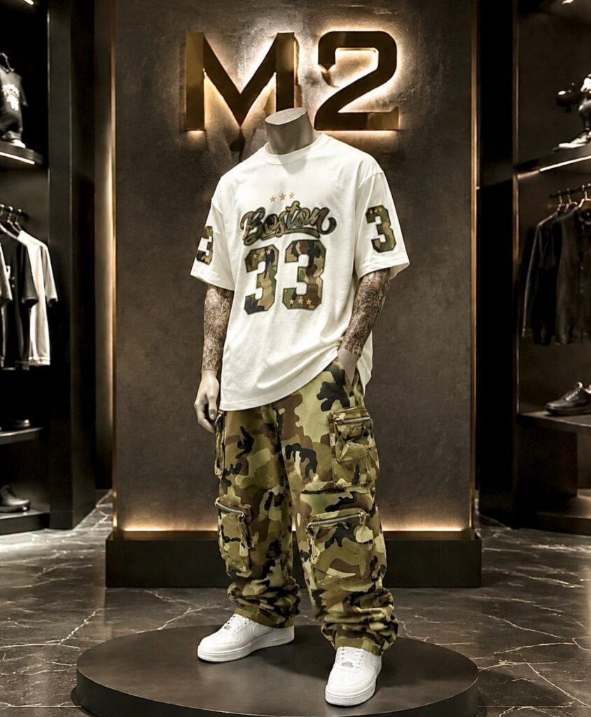 Mannequin wearing a white graphic t-shirt and camouflage cargo pants with white sneakers.