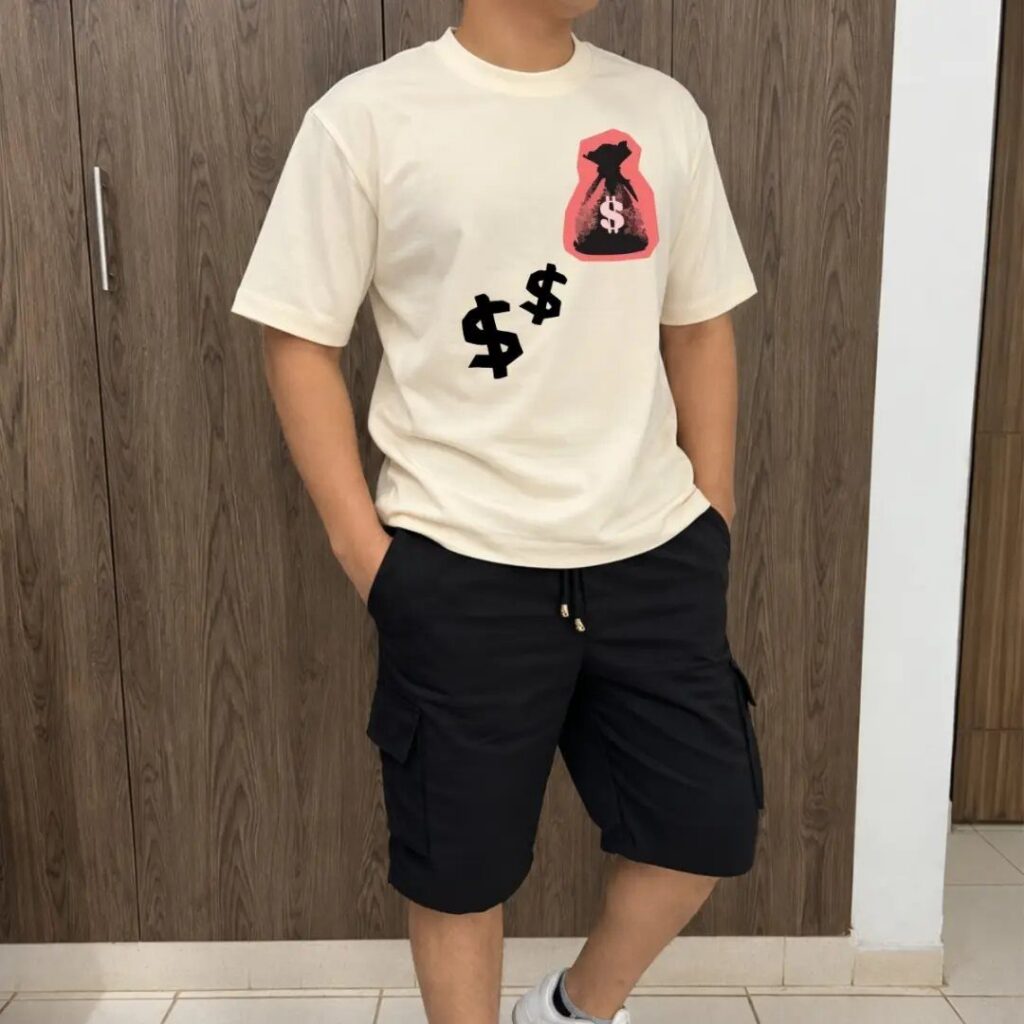 A person wearing a cream graphic t-shirt and black cargo shorts standing before a wooden cabinet.
