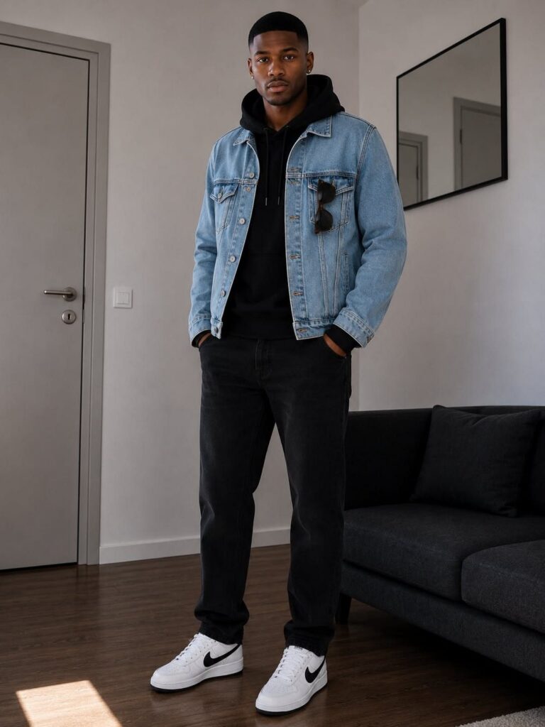 Man wearing a light blue denim jacket, black hoodie, black pants, and white sneakers standing indoors.