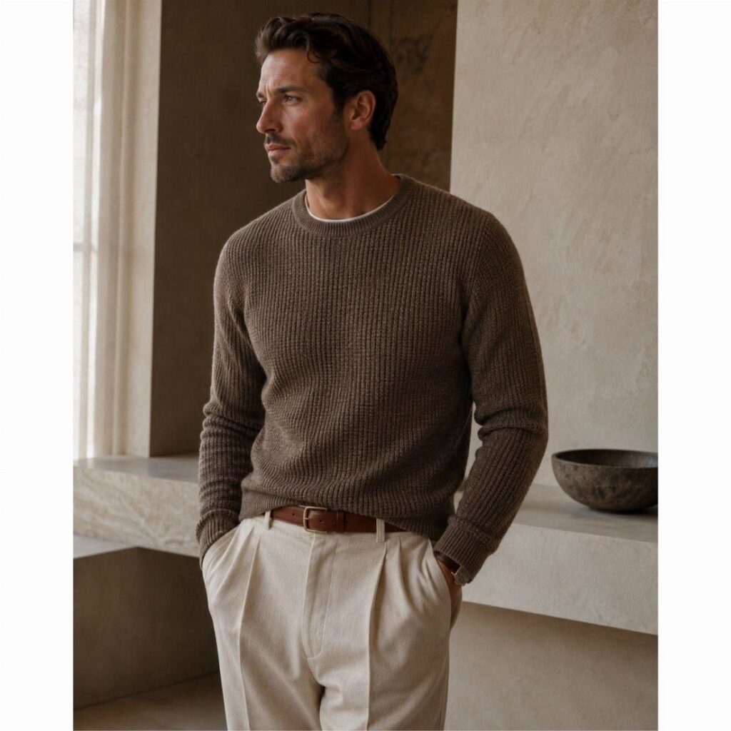 Man wearing a brown ribbed knit sweater and cream wide-leg trousers standing in a minimalist room.