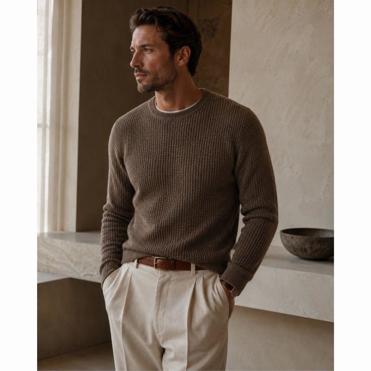 Man wearing a brown ribbed knit sweater and cream wide-leg trousers standing in a minimalist room.