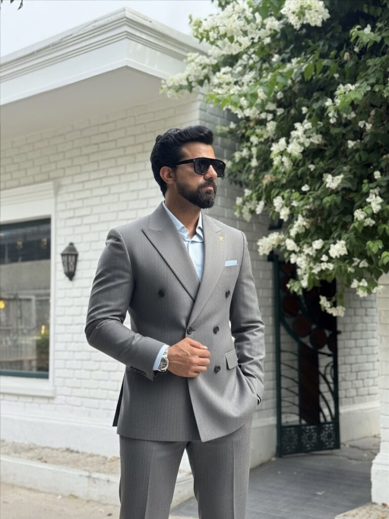 A man in a light grey double-breasted suit and blue shirt standing outdoors.