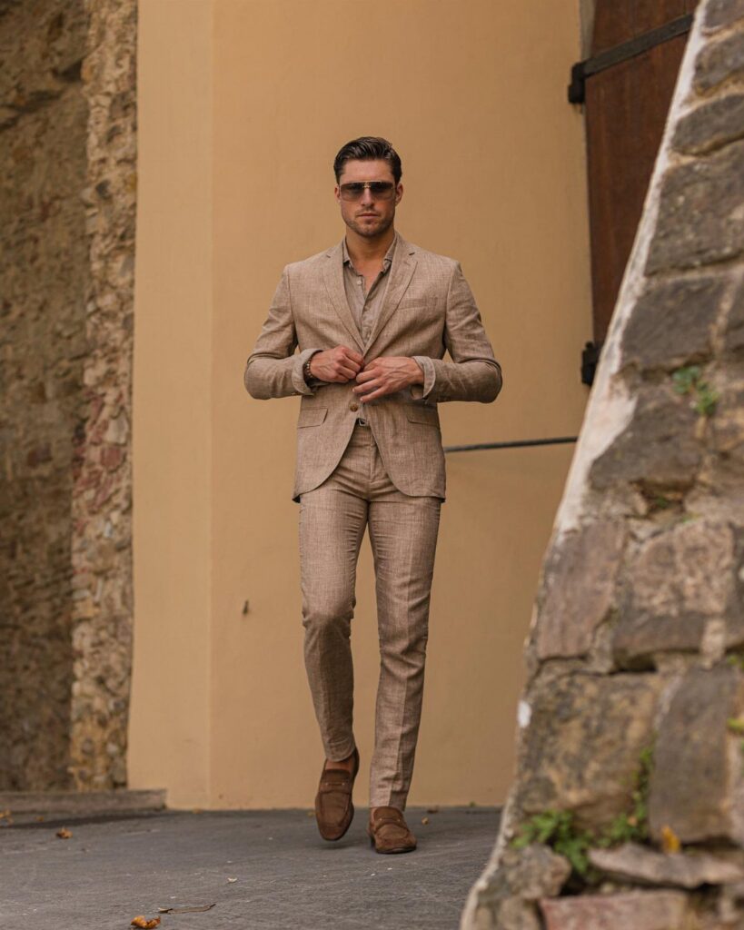 Man in a light brown linen suit and sunglasses walking outdoors near stone walls.