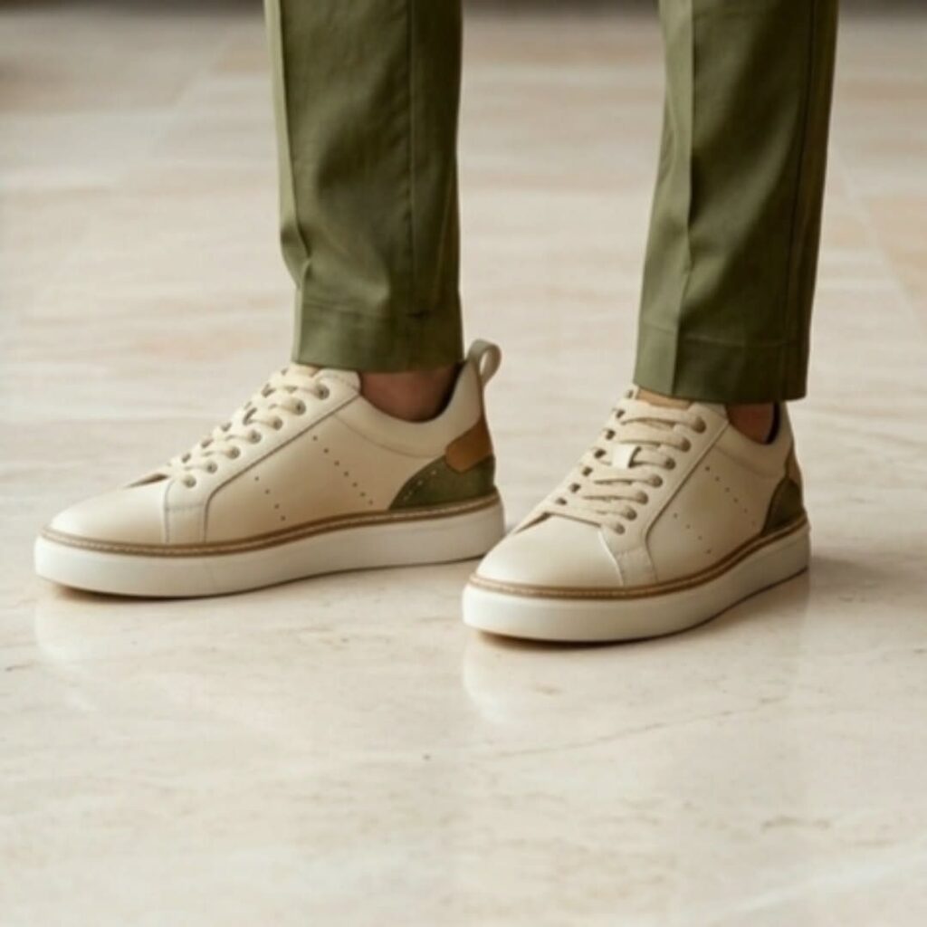Cream minimalist sneakers with green accents worn with olive green trousers on marble flooring.