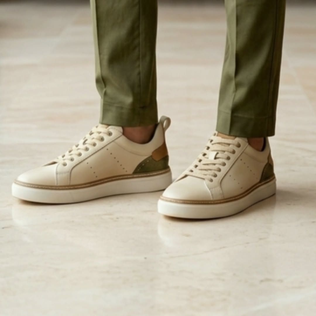Cream minimalist sneakers with green accents worn with olive green trousers on marble flooring.