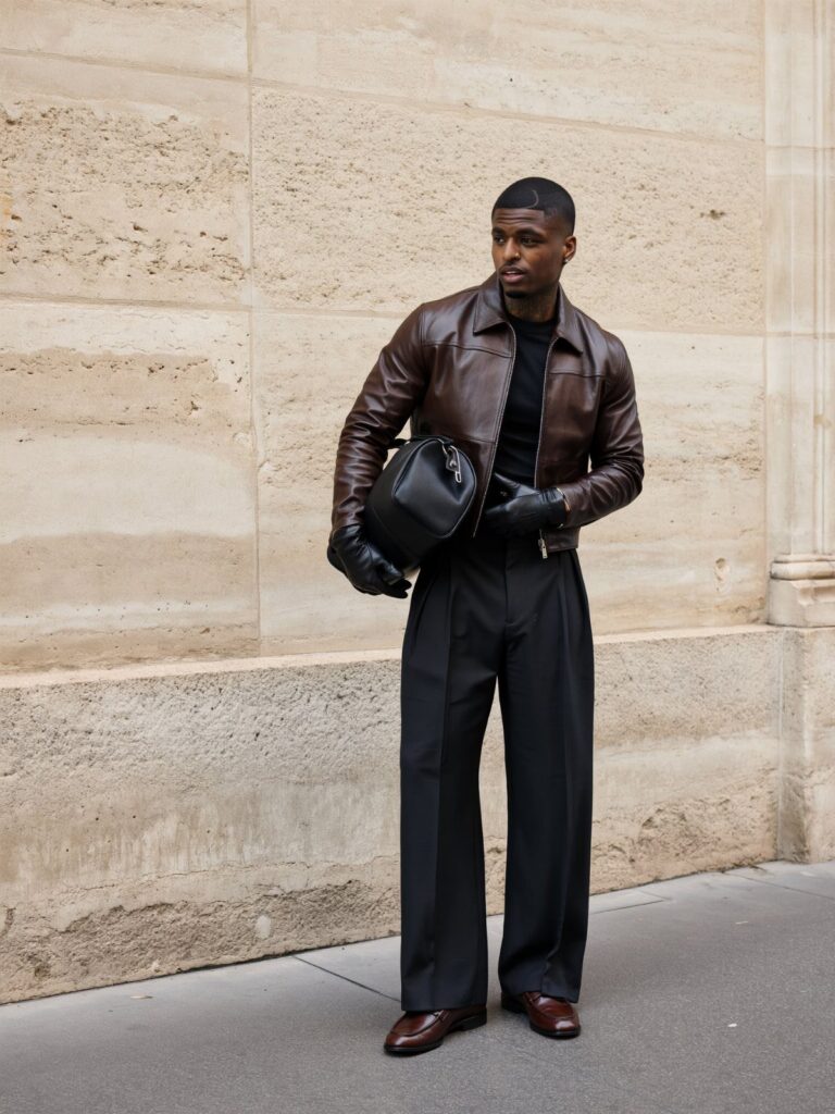 Man in a brown leather jacket, black trousers, and gloves standing against a stone wall.