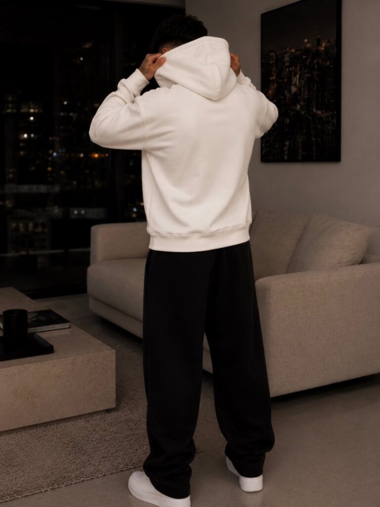 Person wearing a white oversized hoodie, black joggers, and white sneakers in a modern room.