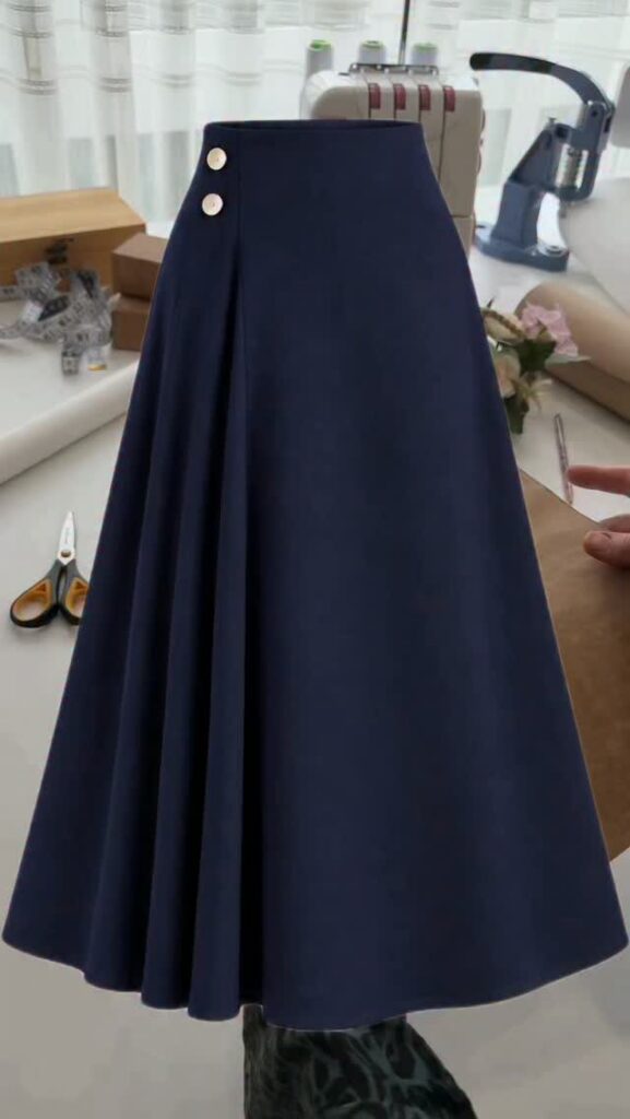 A navy blue pleated skirt with gold buttons displayed on a mannequin in a sewing studio.