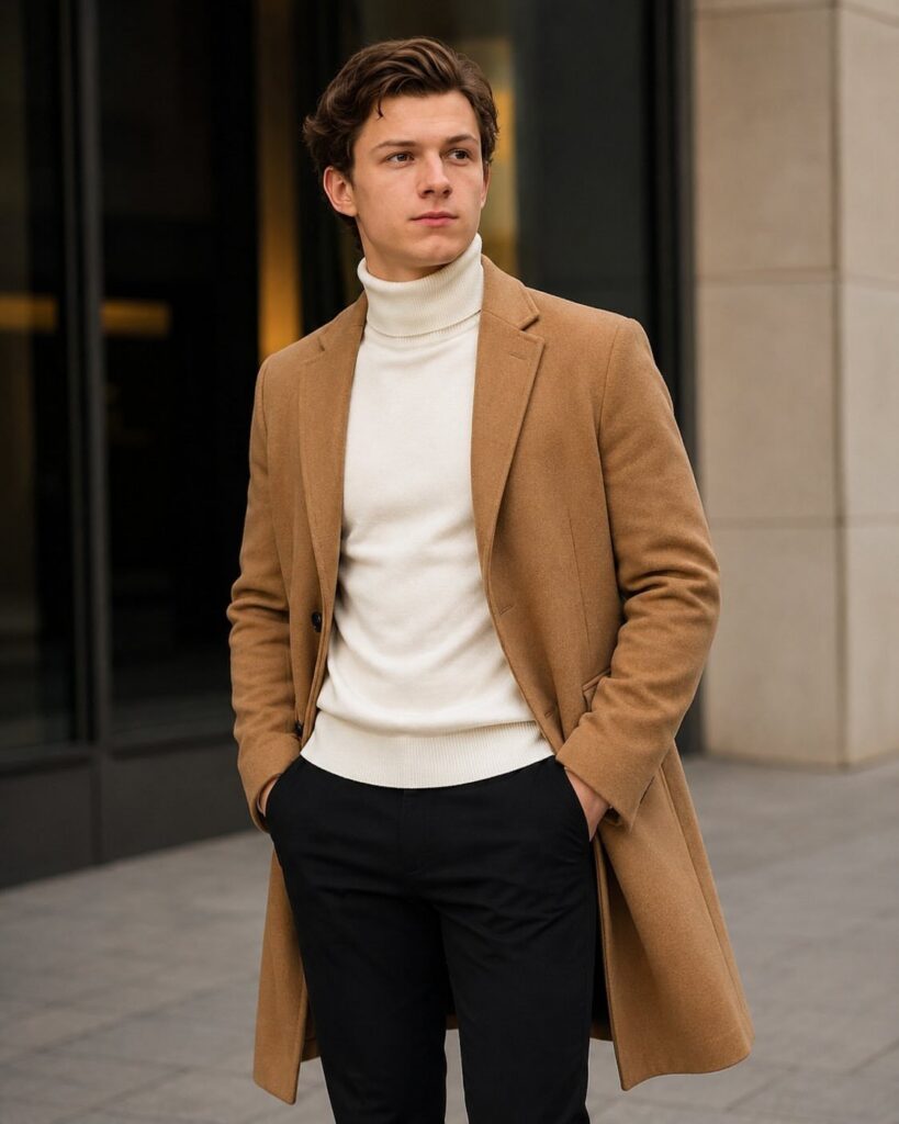 A man wearing a white turtleneck sweater and a tan long coat standing outdoors.